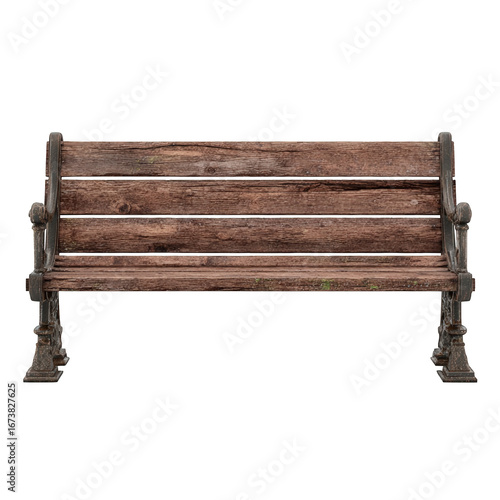 Rustic Dark Brown Wooden Park Bench on Transparent Background