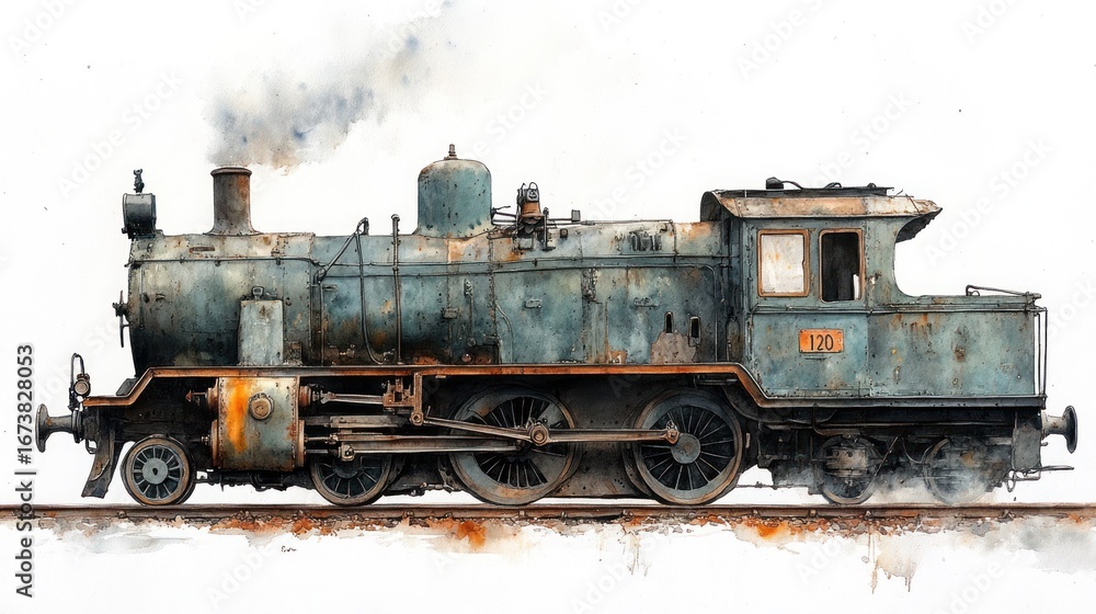 Fototapeta premium Rusty steam locomotive, trackside, smoke, travel, art