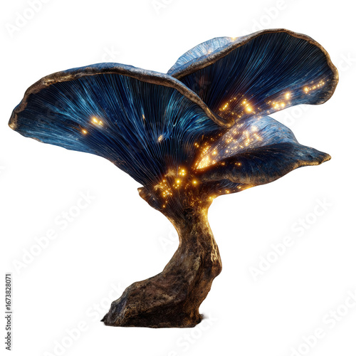 Glowing Blue Mushroom with Golden Lights on a Dark Background