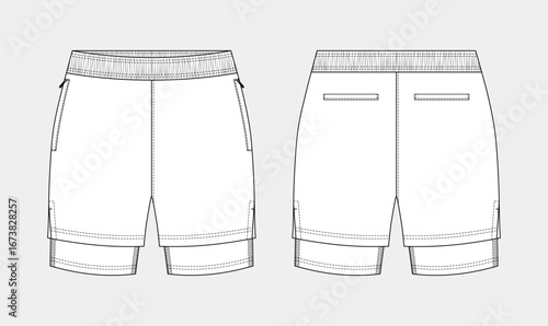 men's gym shorts sketch, sport shorts sketch, unisex performance running shorts, shorts technical fashion drawing vector illustration, men's activewear shorts flat sketch, pants fashion sketch