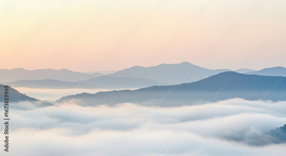 Obraz premium A delicate wash of transparent watercolor, creating a dreamy, atmospheric landscape of a misty mountain