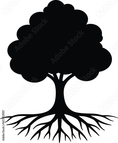 tree with protruding roots and many stylized vector icon illustrations