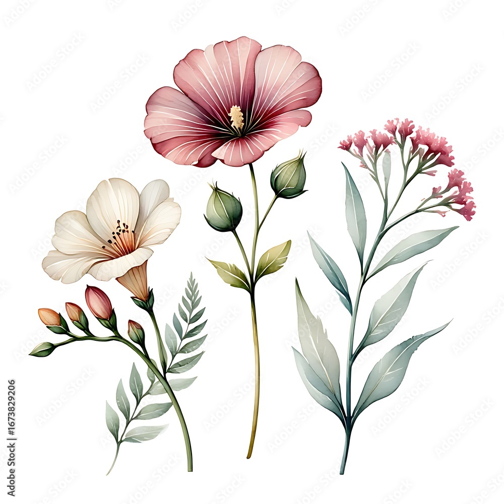 Fototapeta premium Delicate watercolor floral arrangement with soft pink and white blooms