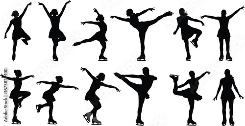 Silhouettes of figure skaters performing elegant poses, jumps, spins on ice, ice skating, winter sports, graceful skating moves.