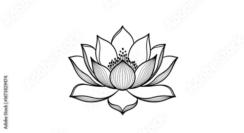 Elegant Hand-Drawn Black and White Lotus Flower Line Art Illustration.
