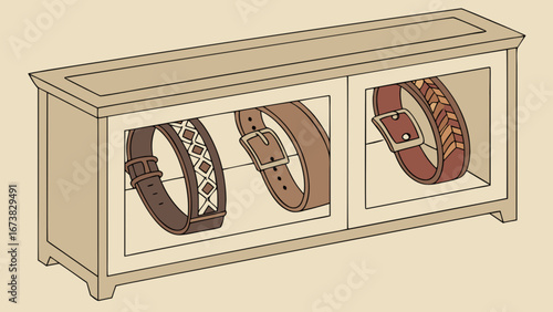 Stylish leather belt display cabinet showcase for fashion accessories and retail merchandising with buckle designs