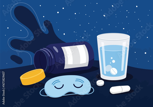 Flat illustration of bottle of sleeping pills, a glass of water, and an eye mask for restful sleep