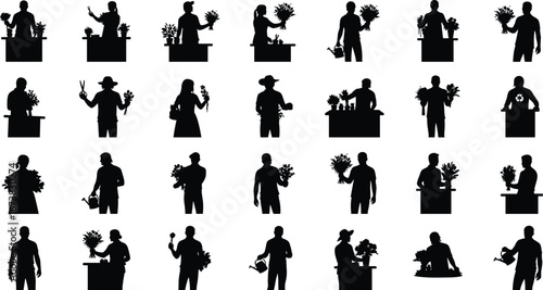 Silhouettes of florists arranging flowers, holding bouquets, watering plants, floral shop workers, flower arranging, gardening, flower care, florist activity.