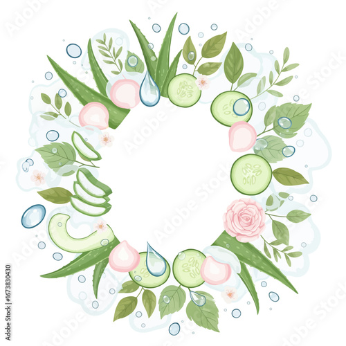 Botanical circle with aloe vera, cucumber, and rose petals for an organic face toner sticker.ai vector file