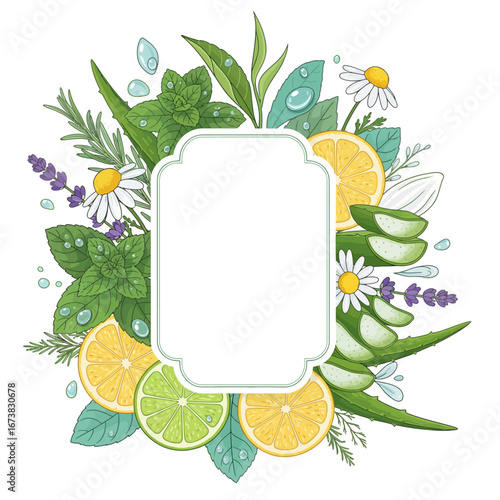 Herbal Organic Mouthwash Bottle Sticker with Fresh Mint, Lemon, and Aloe Vera