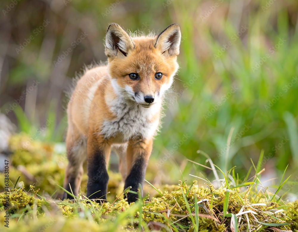 Fototapeta premium Adorable red fox kit in natural habitat