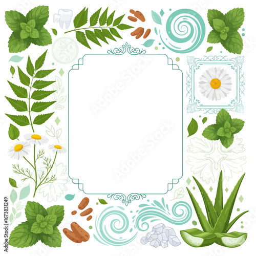 Elegant, intricate, and vegan-friendly cosmetic label design for hair wax, featuring natural herbal illustrations of mint, chamomile, and aloe vera, perfect for beauty product branding and packaging