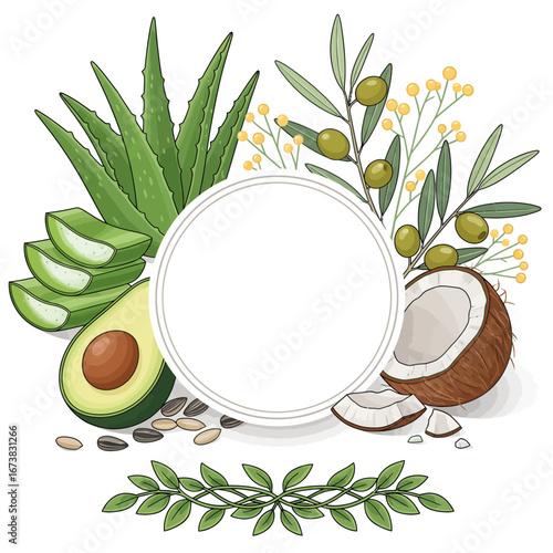 
Organic Ingredients Moisturizer: A vector illustration for a vegan beauty product label, featuring a variety of natural elements like aloe vera, coconut, and avocado