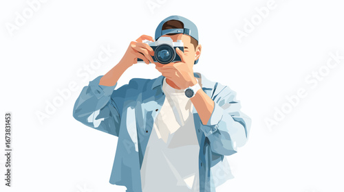 a young man taking photo with camera, photography photographer flat design vector illustration