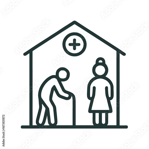 Outline icon of nursing home or elderly care facility with senior man and woman, healthcare and assisted living concept