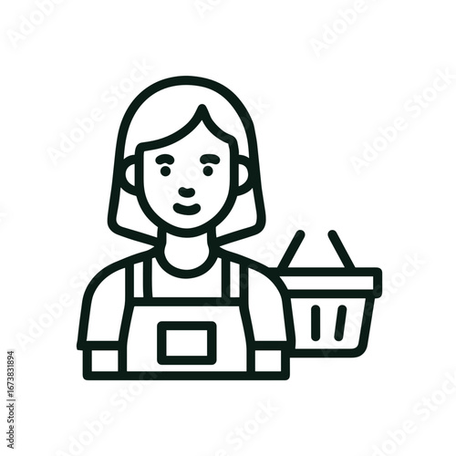  Outline icon of female store clerk or cashier with shopping basket, retail employee and customer service concept