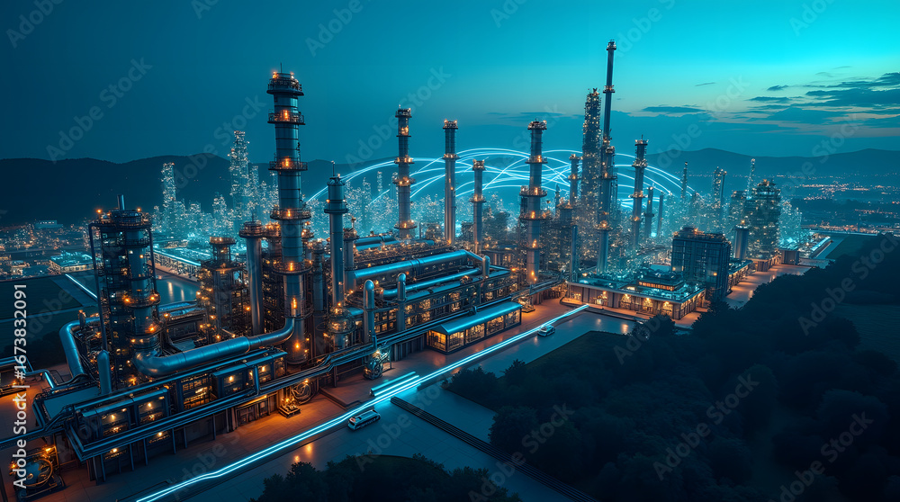 Fototapeta premium Vast Industrial Complex Illuminated by Nighttime Lights