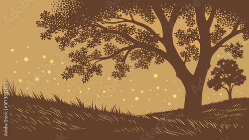 Beautiful nature landscape scene with trees silhouette and grass vector illustration design art print