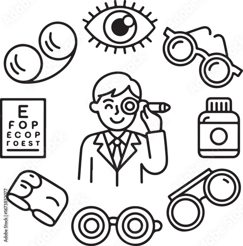 Vision and Optometry Hand-Drawn Line Art Icons Pack Eye Tests, Glasses, Lenses, and Eye Health