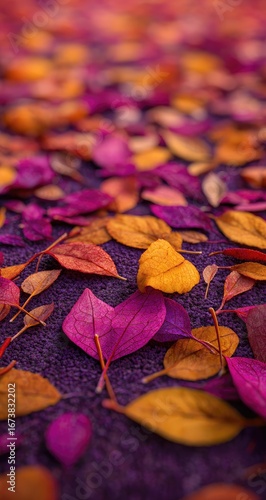 Vibrant autumn leaves scattered on a dark purple surface.  A close-up showcasing the rich hues of fall foliage