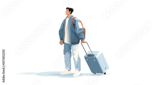 A man stands with his luggage at the airport, ready for a business trip, flat design vector illustration