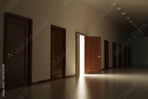 A Long Corridor With Many Closed Doors And One Open Door Bathed In Light