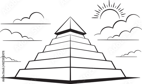 Ancient Pyramid with Sun and Clouds Vector Illustration, Pyramid Vector Illustration, Ancient Pyramid Drawing, Egypt Landmark Outline, Pyramid with Sun, Historical Monument Sketch