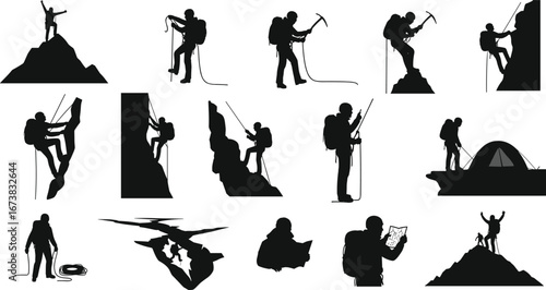 Silhouettes of mountain climbers hiking, camping, rappelling, and scaling peaks, adventure trekking, mountaineering expedition, outdoor survival, alpine exploration