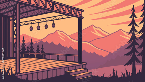 Concert stage outdoor venue for music festival with mountain views and sunset landscape background scene vector