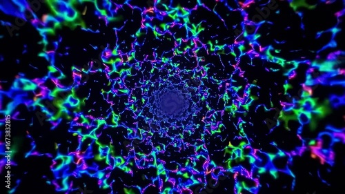 Abstract video of fractal tiny particles floating in space, futuristic visual background for nightclub, techno, drum & bass, and electronic music events.