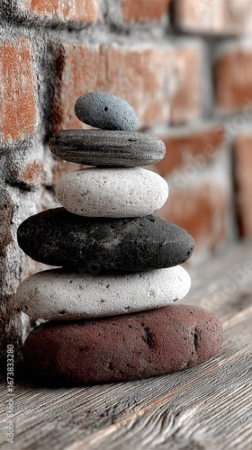Stacking smooth stones against a weathered brick wall creates a tranquil centerpiece for any setting