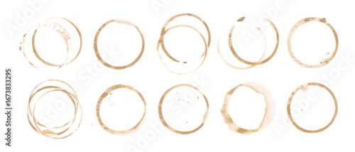 Coffee cup or tea stain drink ring vector illustration set isolated on white background. Coffee stain mark trace ring cup spot trace. Brown round splashes of drink collection.