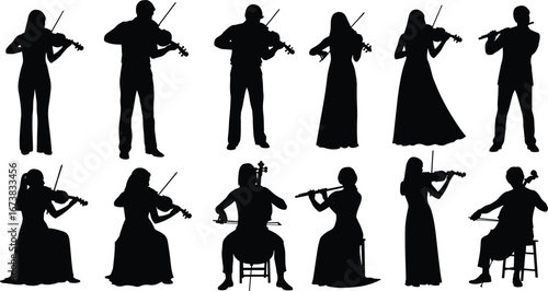 Silhouettes of musicians playing violin, cello, and flute in classical concert poses, elegant orchestral performers in black isolated style.