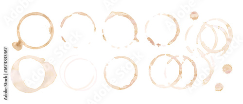 Coffee cup or tea stain drink ring vector illustration set isolated on white background. Coffee stain mark trace ring cup spot trace. Brown round splashes of drink collection.