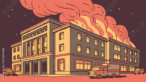 Pixel art building fire emergency response scene with fire trucks and burning building illustration scene design
