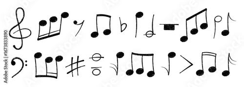 Crayon pastel or chalk music note signs doodle hand drawn symbol shapes set. Chalkboard textured musical symbols treble, bass clefs, pauses doodle collection.