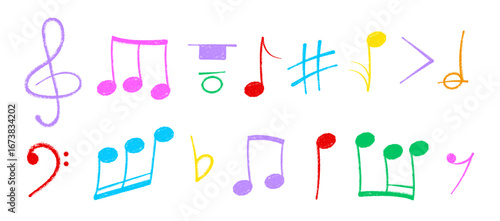 Crayon pastel or chalk music note signs doodle hand drawn symbol shapes set. Chalkboard textured musical symbols treble, bass clefs, pauses doodle collection.