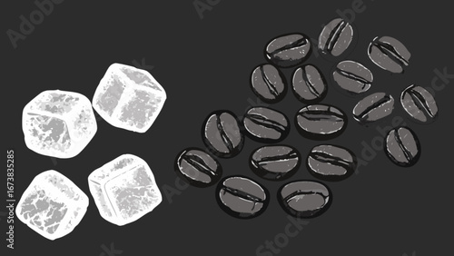 Illustration of coffee beans and sugar cubes for coffee time caffeine and sweet treat concept art design