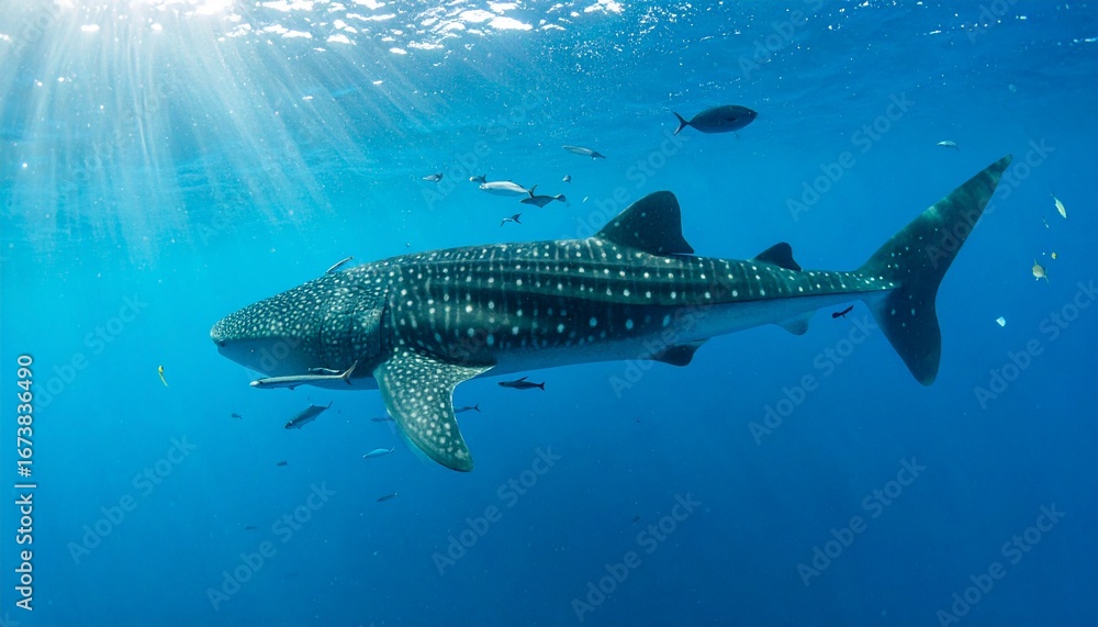 Naklejka premium Stunning underwater scene of a majestic whale shark gliding peacefully through the crystal clear blue ocean with beautiful sun rays from above