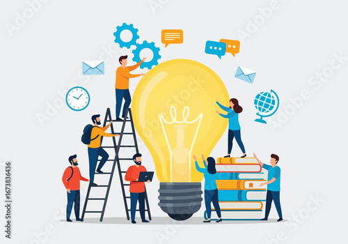 Flat illustration of team of people working together to build a giant lightbulb representing a new idea
