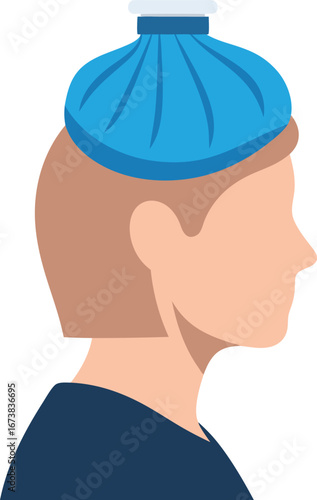 Flat Illustration of Sick Person with Ice Pack on Head Representing Fever Treatment