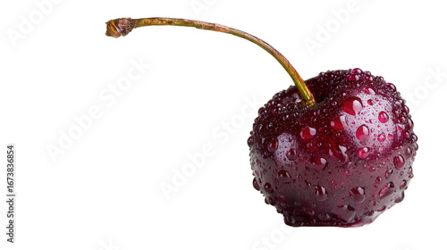 Single Ripe Red Cherry with Water Droplets on Dark Background