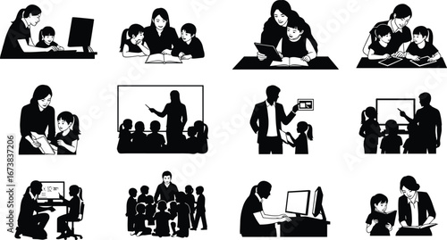 Silhouettes of teachers educating children using books, computers, and tablets in classroom and home learning environments, modern education concept.