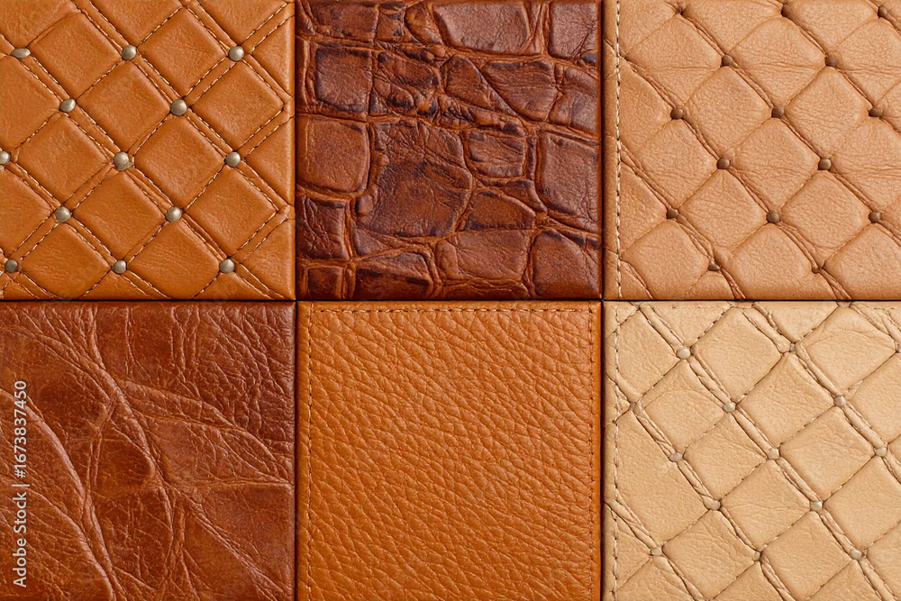Naklejka premium A collection of six square leather swatches, showcasing various textures and shades of brown, beige, and tan. Two of the swatches are quilted with studded accents.