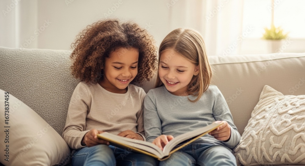 Two happy, diverse young girls, an African American and a Caucasian, smile as they read a storybook together on a sofa at home. A portrait of friendship and shared hobbies.