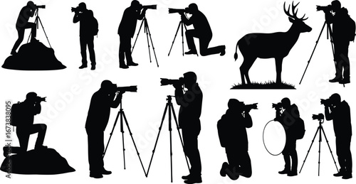 Silhouettes of wildlife photographers with cameras and tripods capturing images of animals, outdoor photography, nature photography, wildlife observation.