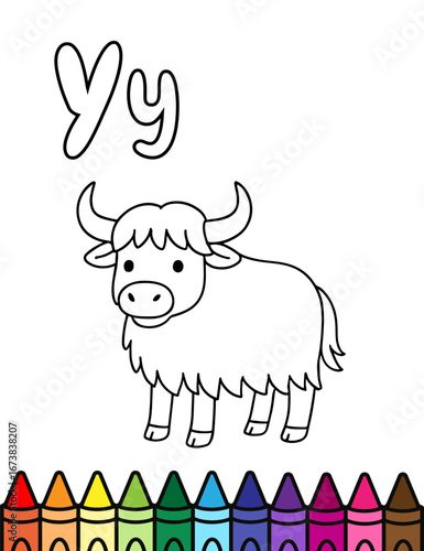 Cute yak coloring page for kids with alphabet letter Y. Simple cartoon farm animal illustration featuring fluffy yak design, easy outlines, and crayons below for fun coloring activity.