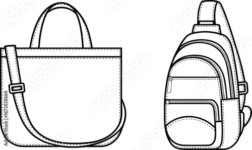Stylish handbag and modern sling backpack line art, fashionable bags illustration, leather texture, zipper details, casual accessories, vector drawing design