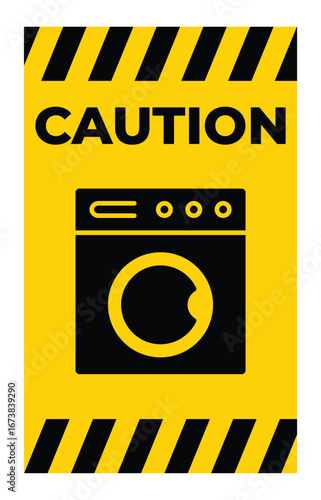 Caution Sign for Laundry Areas Featuring Washing Machine Icon and Warning Text