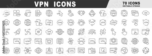 Clean outline VPN icon set illustrating security, privacy, encryption, proxy, browser, cloud, globe, mobile, speed, settings, verified protection, network internet